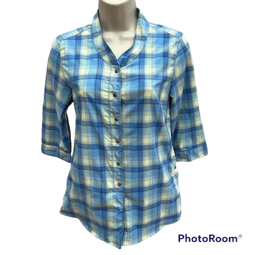Helly Hansen Blue Plaid Snap Front Shirt 3/4 Sleeve Pockets Womens XS Pockets